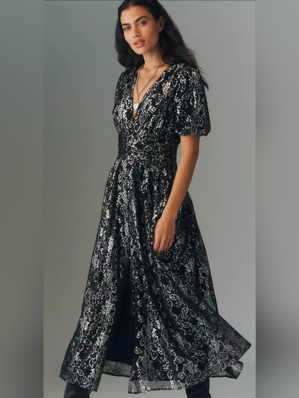 Anthropologie Katerina Floral Metallic Lace Button Front Dress